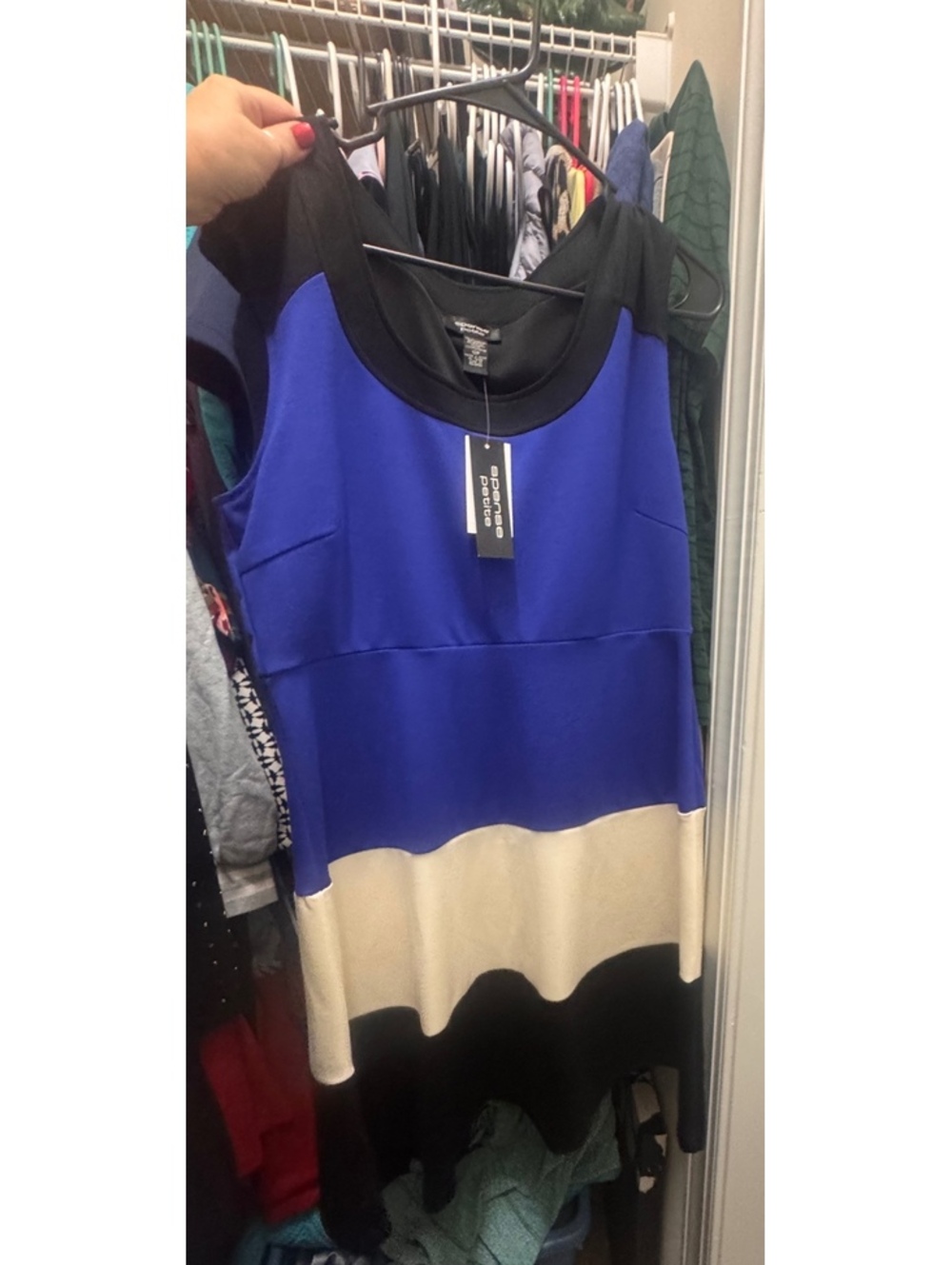 NWT Spense Petite 12P Blue Black Ivory Color Block Scalloped Hem Dress
